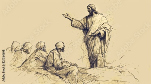 Biblical Illustration of Jesus on the Mount, Teaching the Beatitudes, Ideal for article