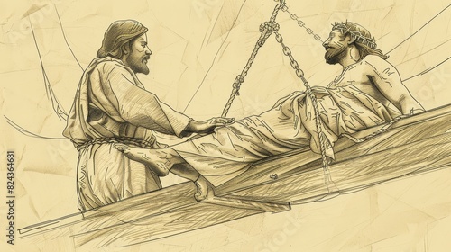 Biblical Illustration of Jesus Healing the Paralytic Lowered Through the Roof, Ideal for article
