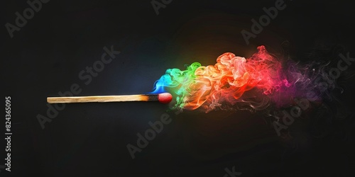 A colorful burning matchstick on a black background, hyper realistic, dark art 