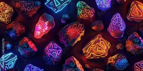 A dark background with glowing neon rocks of different shapes and sizes floating in the air, arranged to form an abstract pattern. Each rock has intricate patterns that give it a unique texture © Kashif Ali 72