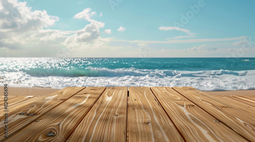 Artistic wooden podium with the background of a serene beach and gentle waves