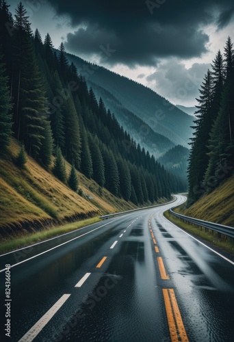 A highway winds near a forest nestled in the mountains, framed by a dramatic dark cloudy sky, creating a captivating scene of natural beauty and adventure