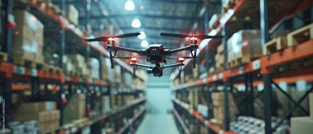 A close up of drones flying inside a warehouse for inventory management, combining a hi tech HUD concept and cinematic look, with sharp details and ample copy space A close up of drones flying inside a warehouse for inventory management, combining a hi tech HUD concept and cinematic look, with sharp details and ample copy space