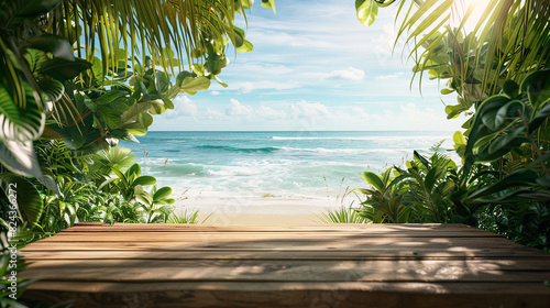 Chic wooden podium on a tropical beach  framed by lush greenery and gentle ocean waves