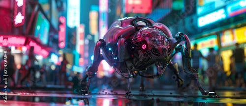A closeup of a futuristic strange style animal with robotic limbs moving through a neonlit urban jungle