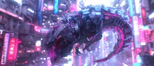 A closeup of a futuristic strange style animal with robotic limbs moving through a neonlit urban jungle photo