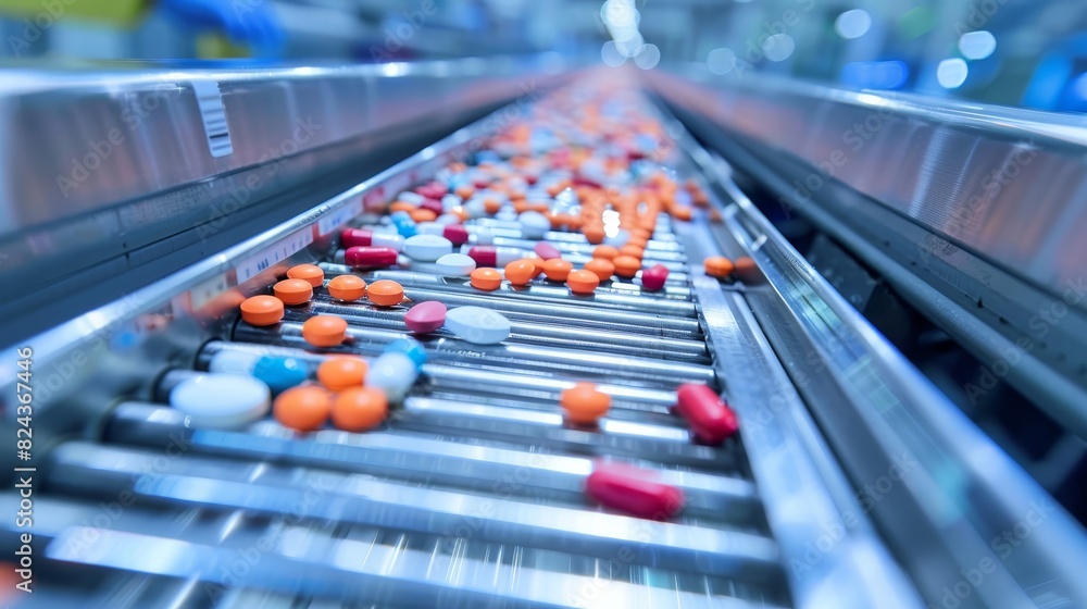 Automatic pill sorting on a conveyor line, cutting-edge pharmaceutical technology, streamlined process Automatic pill sorting on a conveyor line, cutting-edge pharmaceutical technology, streamlined process