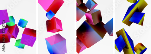 Flying 3d shapes, cubes and other geometric elements background design for wallpaper, business card, cover, poster, banner, brochure, header, website