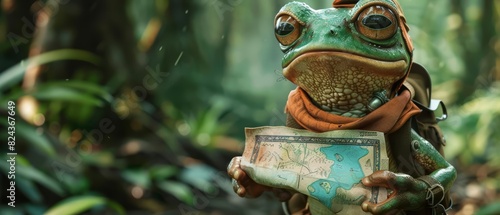 A cute charismatic closeup of an amphibian dressed as an explorer, navigating through a digital rainforest with a map hologram, in a dense jungle, Sharpen banner with copy space