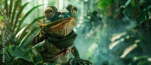 A cute charismatic closeup of an amphibian dressed as an explorer, navigating through a digital rainforest with a map hologram, in a dense jungle, Sharpen banner with copy space photo