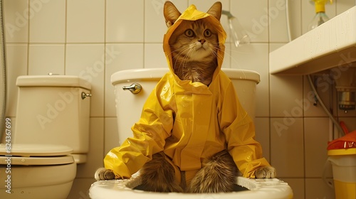 Cat in bio lab suit cleaning the toilet,full body, in the style of pop inspo, gongbi, exacting precision, yellow and amber, video, untrained, yankeecore photo