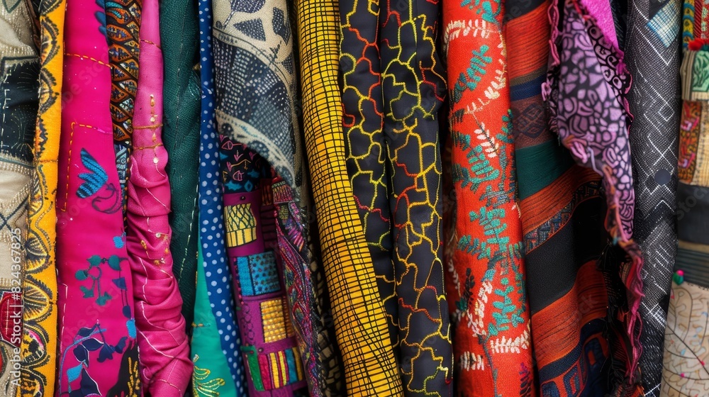 Assorted fabric pieces in a vibrant patchwork display, highlighting bold colors and detailed patterns, studio lighting Assorted fabric pieces in a vibrant patchwork display, highlighting bold colors and detailed patterns, studio lighting