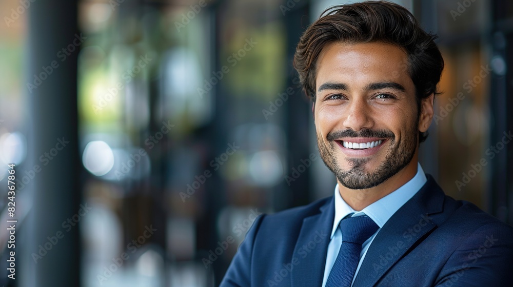 A portrait of a man in a sharp navy suit, his confident smile showcasing his professionalism A portrait of a man in a sharp navy suit, his confident smile showcasing his professionalism