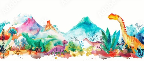 Fototapeta Naklejka Na Ścianę i Meble -  A cute watercolor of dinosaurs, roaming an ancient landscape, with vibrant colors, in a prehistoric world, with volcanic eruptions and lush forests, clipart isolated on white