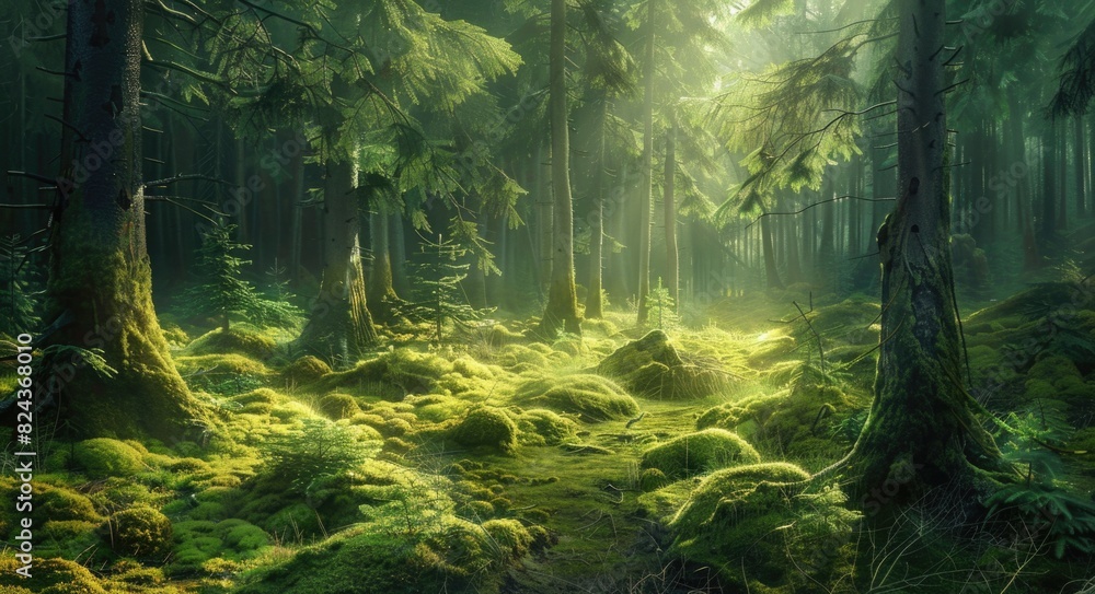 Obraz premium Coniferous Forest. Magical fairytale landscape with mystical atmosphere and golden sunlight