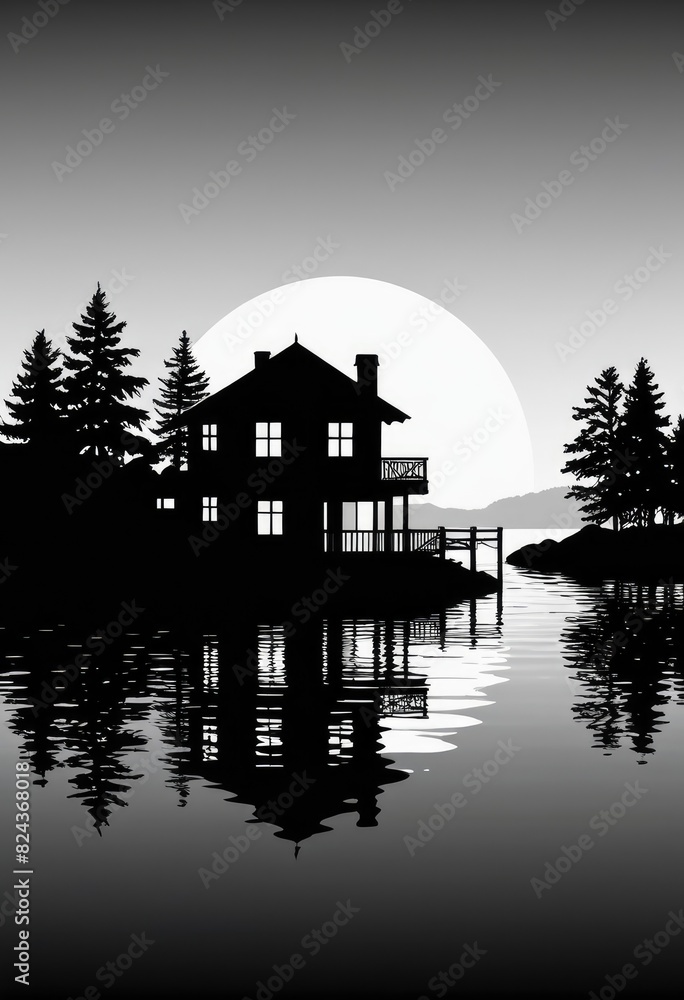 Fototapeta premium A silhouette of a house sits serenely atop the water's surface, creating a tranquil scene
