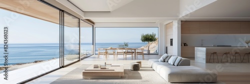 Modern interior of a living room and dining area with large windows overlooking the ocean