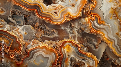 Agate stone with a mix of brown and orange hues, detailed patterns and natural textures