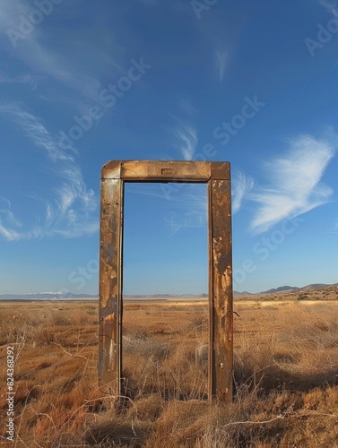 Door Frame. Abandoned Structure in the Field under Clear Blue Sky