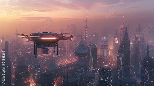 Advanced delivery drone with a package, futuristic cityscape background, twilight setting