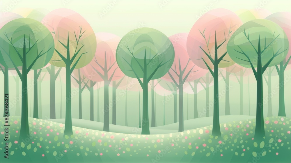 Abstract spring forest with geometric tree shapes, soft gradients of green and pink