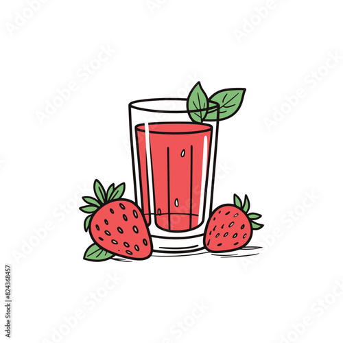 simple illustration a glass strawberry juice with an strawberry fruit