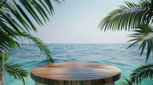 Polished wooden podium surrounded by palm leaves and the clear blue sea