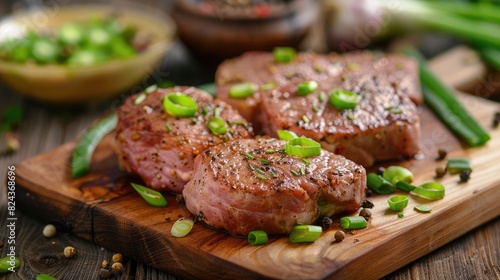 Prepared pork steaks on a wooden board with pepper and green spring onion ready for cooking