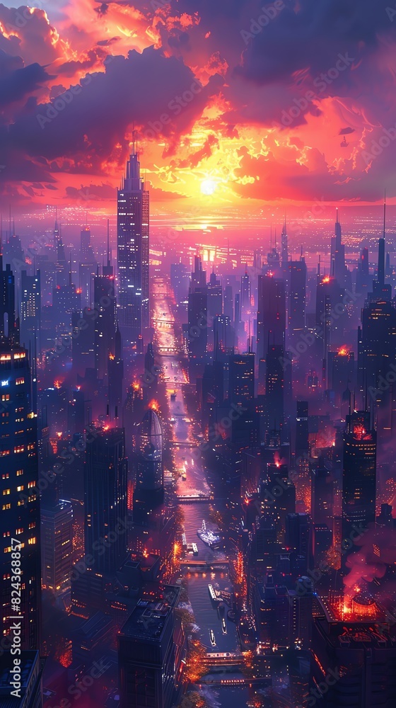 Bring the fusion of Travel Adventures and Nanotechnology to life in a digital artwork featuring a futuristic cityscape where nano-bots construct skyscrapers under a neon-lit sky