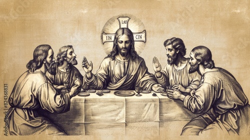 Jesus' Last Supper with His Disciples, Biblical Illustration Capturing Communion, Perfect for Religious article