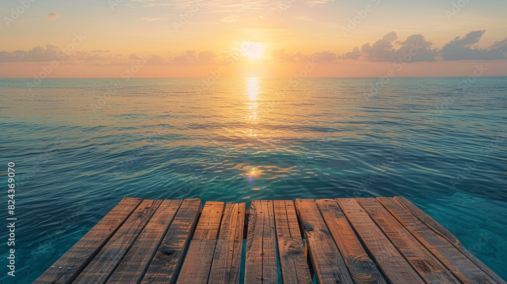 Rustic wooden podium with the sun rising over a tranquil, crystal-clear ocean