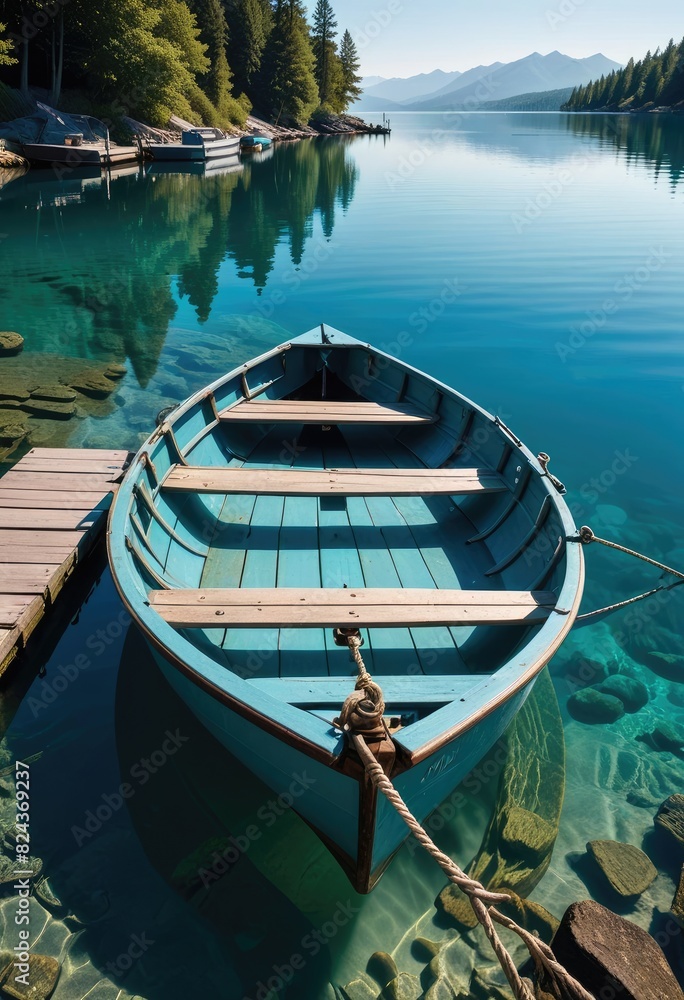 A tranquil scene unfolds as a quiet blue rowboat rests tied to a sunlit jetty on the shores of a clear turquoise lake