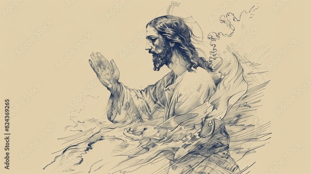 Jesus' Gesture Calming a Storm, Biblical Illustration Capturing a Miracle of Faith and Power, Perfect for Religious article Jesus' Gesture Calming a Storm, Biblical Illustration Capturing a Miracle of Faith and Power, Perfect for Religious article