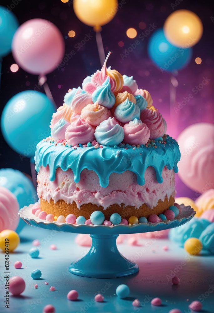 A vibrant light background illuminates a cotton candy cake, creating a colorful and whimsical scene A vibrant light background illuminates a cotton candy cake, creating a colorful and whimsical scene