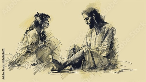 Jesus' Encounter with the Anointing Woman, Biblical Illustration of Devotion, Perfect for Religious article