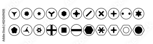 Set of metal screw heads. Stainless steel bolts. Silver nails and rivets. Top view. Vector illustration in flat style. Different hardware elements. Mechanic workshop icons.