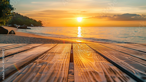 Stylish wooden podium with the setting sun casting golden hues over a tranquil beach