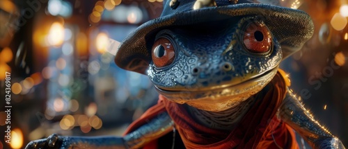 Amazing closeup charismatic of a newt dressed as a magician, pulling holographic tricks from a digital hat, in a magical theater, Sharpen banner cinematic with copy space