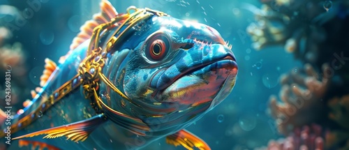 Amazing closeup charismatic of a tuna wearing a royal guard uniform, protecting a holographic palace, in an underwater kingdom, Sharpen banner with copy space photo