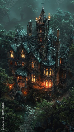 Experience the chilling sight of a haunted mansion from a birds-eye view