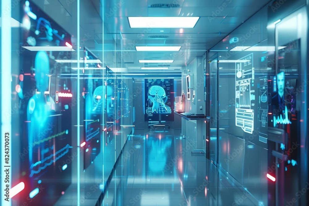 An intricate view of electronic health records being accessed via holographic displays in a modern medical facility, with a blend of hitech and clean look concepts An intricate view of electronic health records being accessed via holographic displays in a modern medical facility, with a blend of hitech and clean look concepts