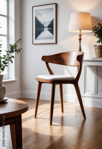 A wooden chair in a white living room interior, paired with a blank table perfect for mockup displays