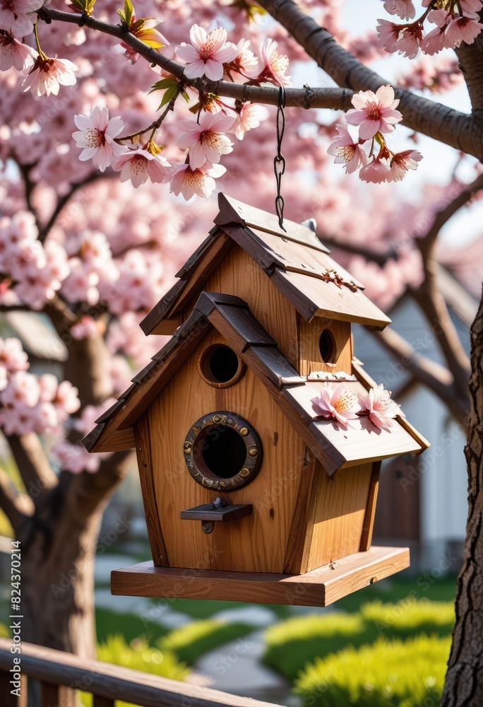 Amidst blooming cherry blossoms, a charming rustic wooden birdhouse finds its place, adding to the picturesque scenery