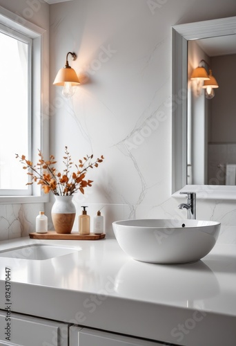 An elegant bathroom background provides a blurred backdrop for a modern white tabletop  offering an empty space perfect for product display