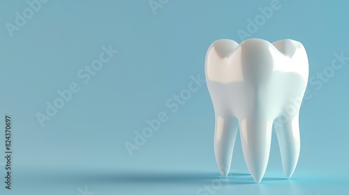 Illustrate a dental product advertisement featuring a 3D rendering of a tooth with designated space for product details or pricing information. 
