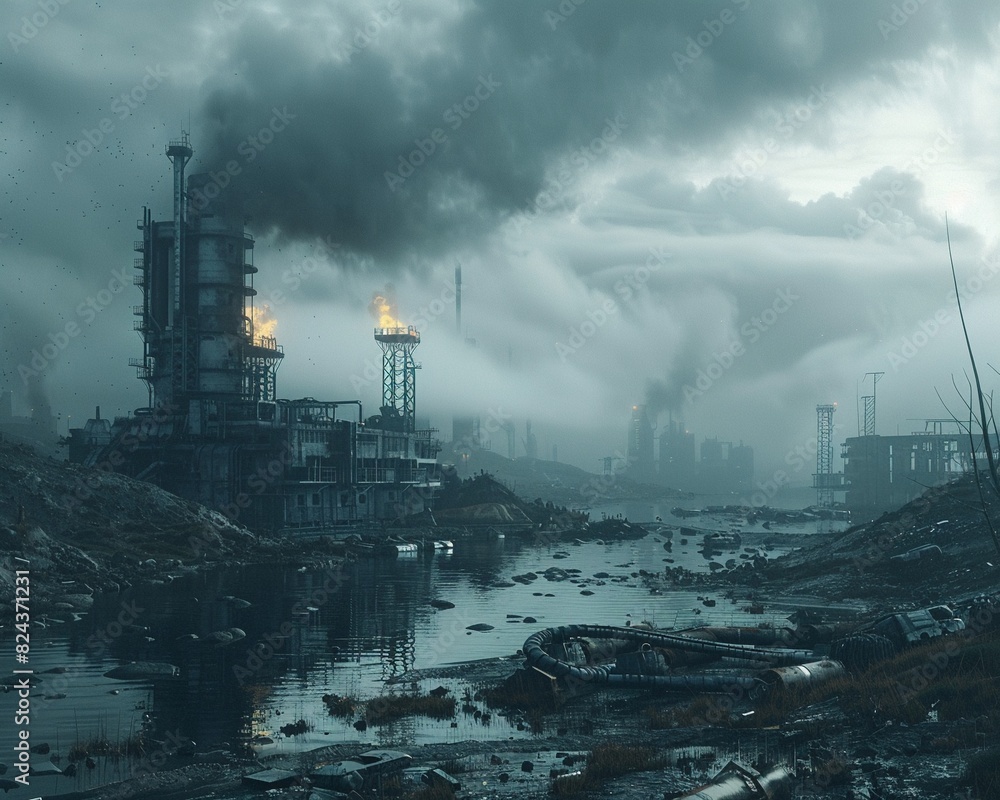 Fototapeta premium A dark and gloomy industrial landscape with a river running through it. The sky is cloudy and the air is thick with smoke.
