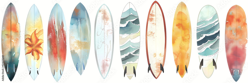 Watercolor Surfboard Designs Clipart with Beach and Ocean Themes Watercolor Surfboard Designs Clipart with Beach and Ocean Themes