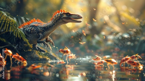 A dinosaur standing on the edge of a pond looking at the fish swimming in the water. In the background, there are butterflies flying around. The dinosaur is green and brown with red and yellow stripes photo