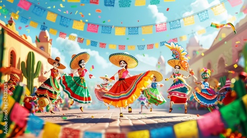 Vibrant cartoon vector of people dancing in traditional Mexican attire, surrounded by piÃ±atas, sombreros, and banners celebrating Cinco de Mayo Generative AI photo