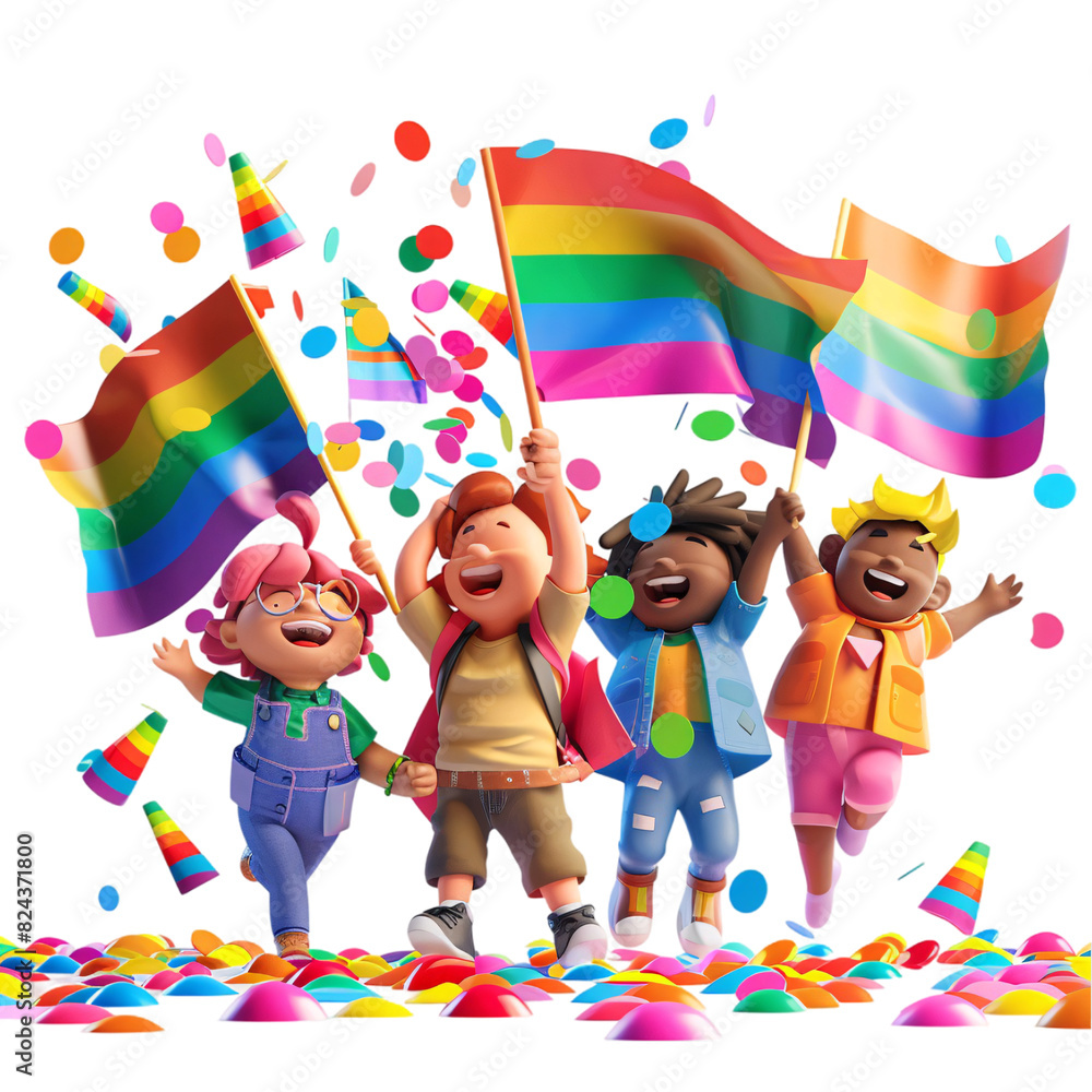 Fototapeta premium A 3D illustration of LGBTQ+ characters celebrating diversity with confetti and pride flags on a transparent background.